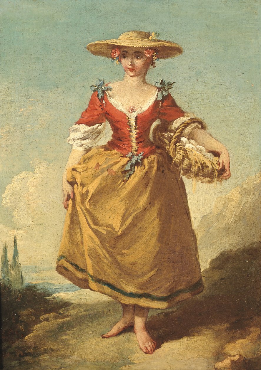 En bondflicka i ett landskap som bär en korg med ägg (olja på duk) av François Boucher