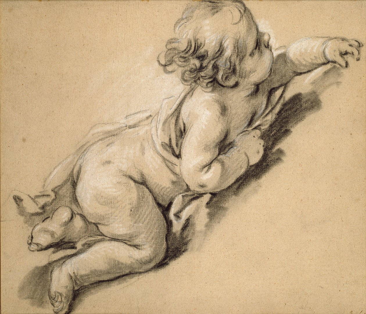 En putto liggande till höger, mitten av 1700-talet. av François Boucher