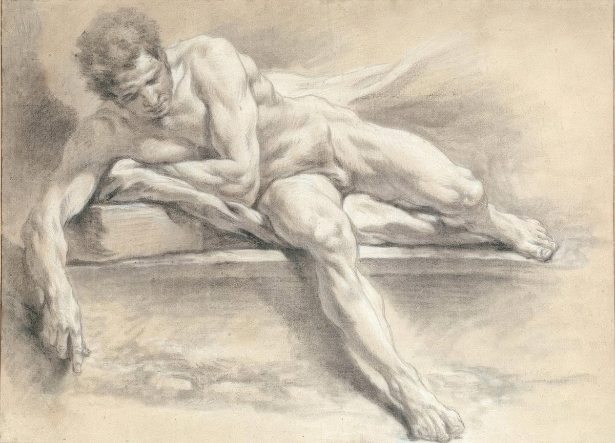 Nakenstudie av en man liggande på en stenbänk av François Boucher