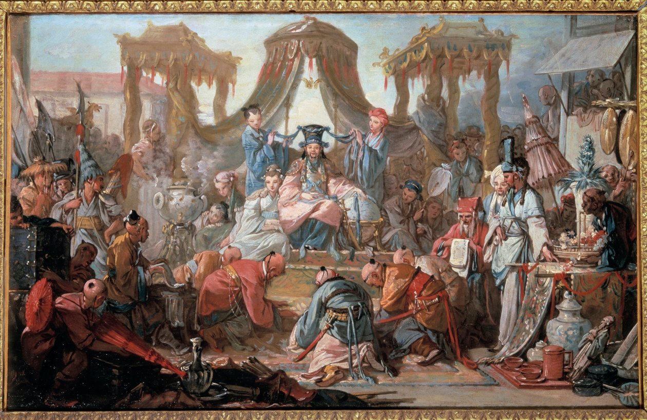 Kinesiska kejsarens publik Undersåtarna lutar sig framför kejsaren. Målning av Francois Boucher av François Boucher