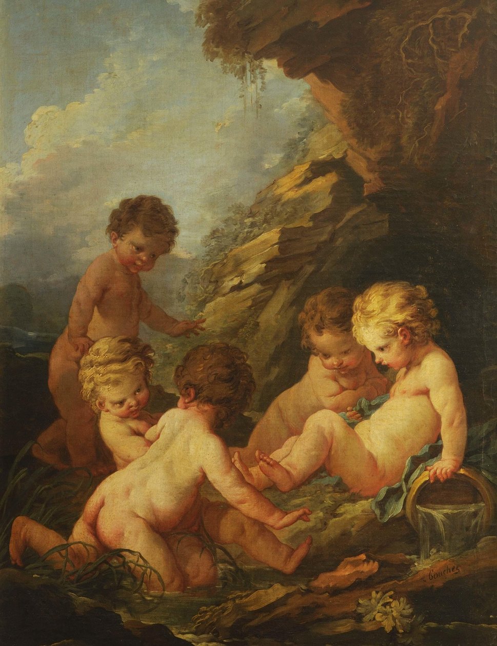 Boucher - Fem nakna barn leker vid en klippbassäng, 1730-1735 av François Boucher