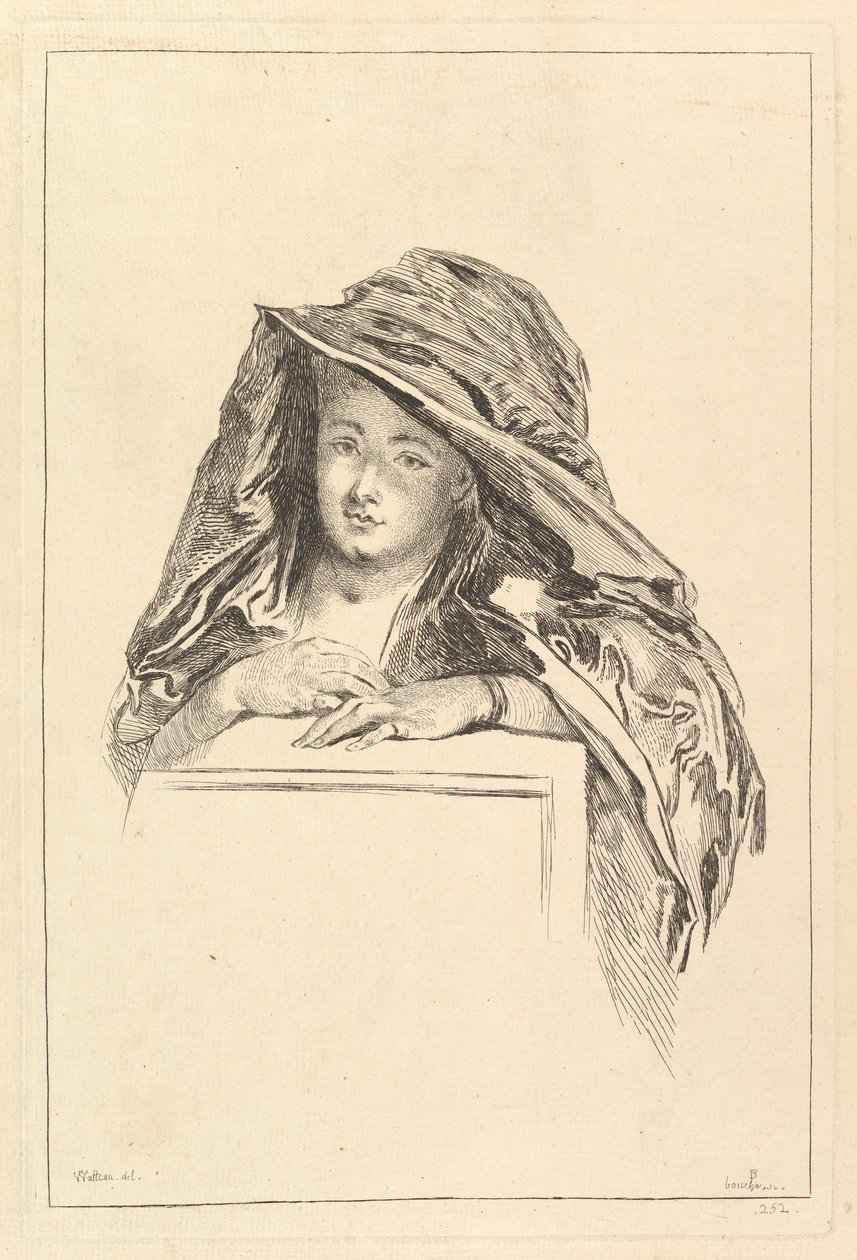 Bystporträtt av en kvinna som bär en huvmantel, 1700-tal. av François Boucher
