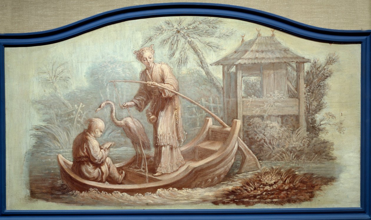 Chinoiserie: Scen för fiske i Kina. Front de porte-teckningar av Francois Boucher (1703-1770) av François Boucher
