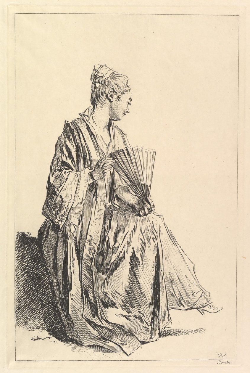 Sittande kvinna, i profil till höger, spelar en fan, 1720-70. av François Boucher