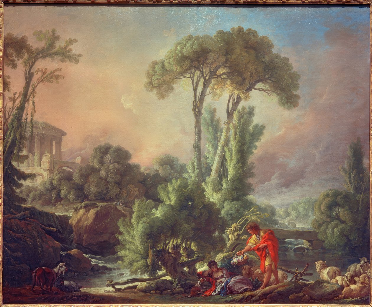 Flodlandskap med ett gammalt tempel av François Boucher