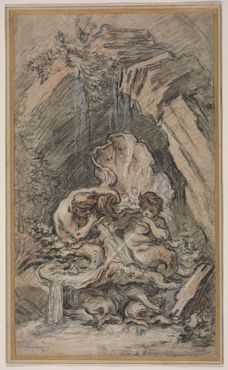 Fontän med två tritonblåsande snäckskal, ca. 1736. av François Boucher