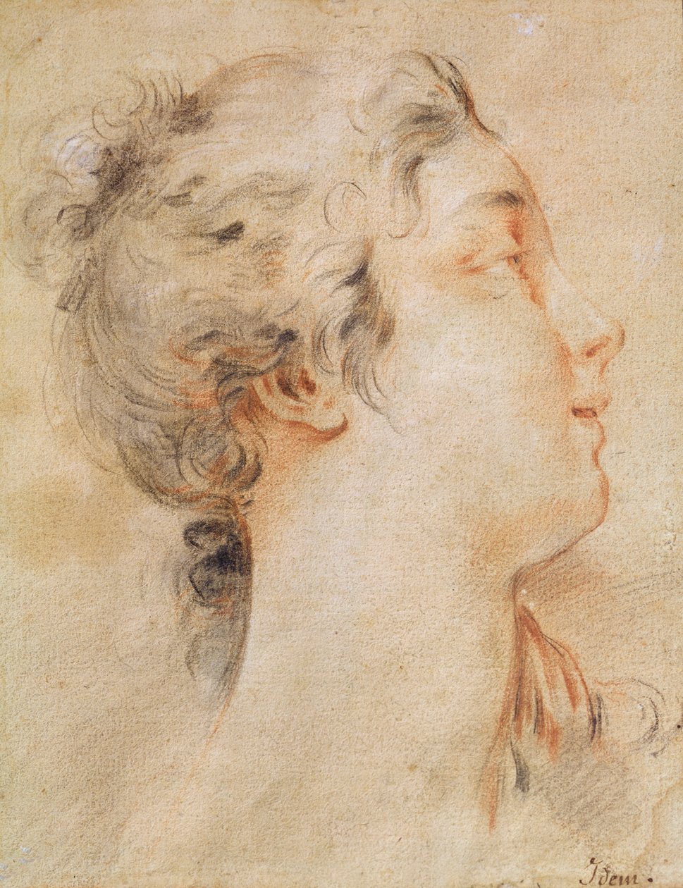Kvinnohuvud vänt åt höger (svart penna och sanguine) av François Boucher