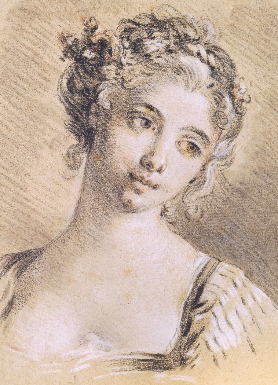 Head of a Young Girl (kol och vit krita på papper) av François Boucher