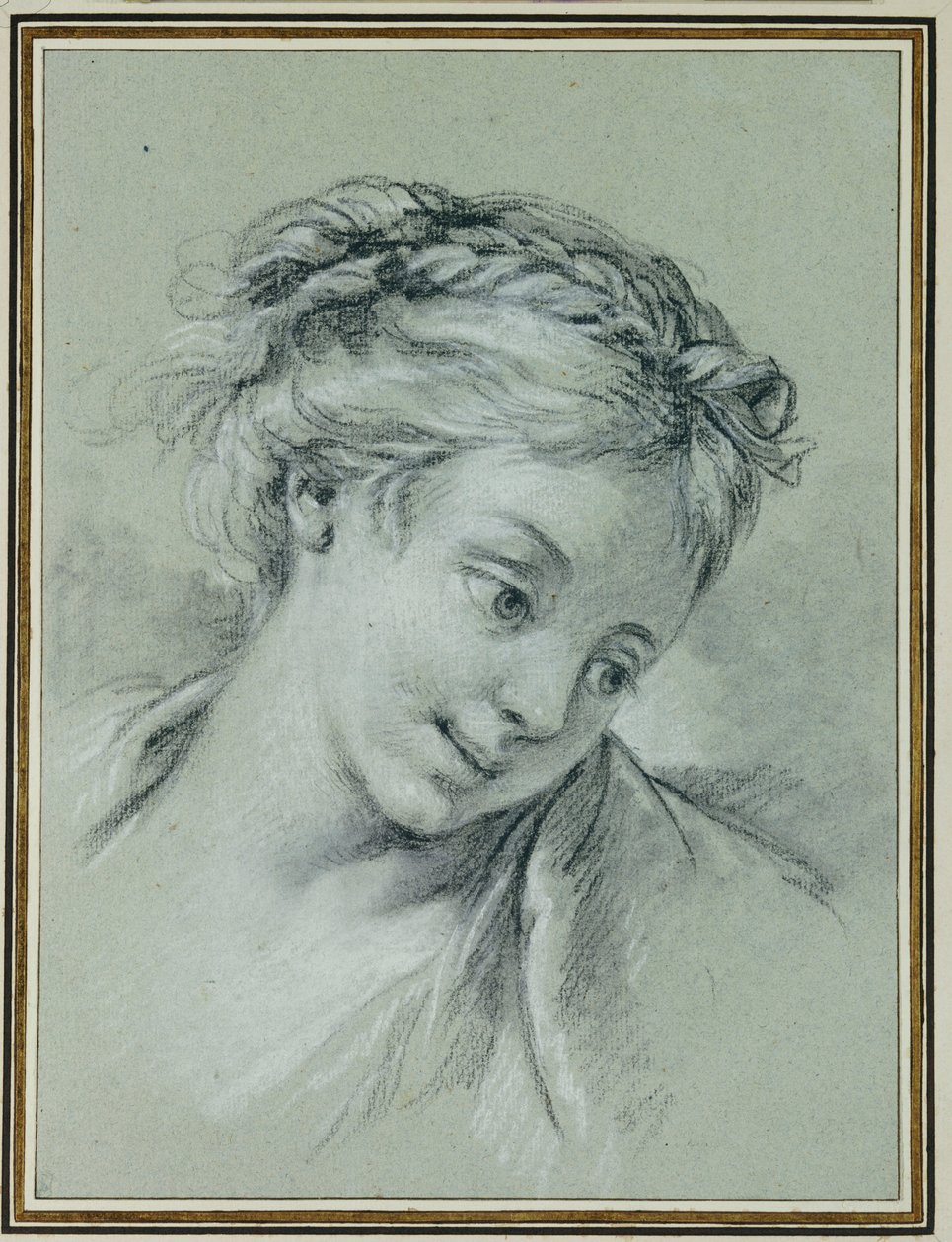 Huvudet på en flicka som tittar ner till höger av François Boucher