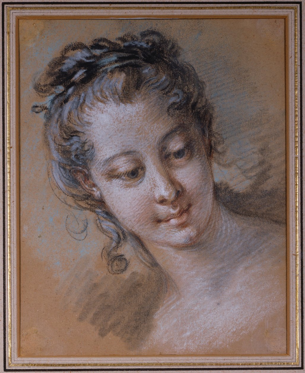 Huvudet av en ung flicka, tittar ner till höger av François Boucher