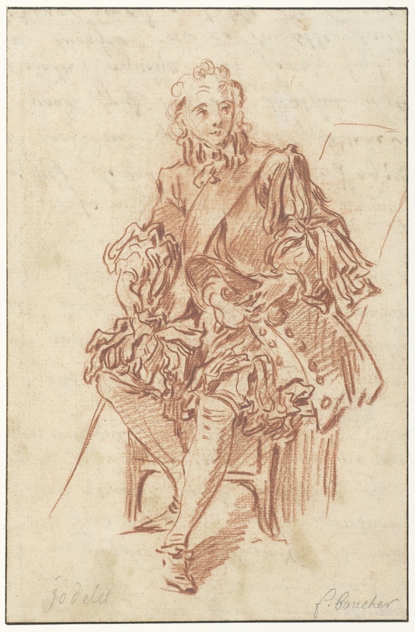 Jodelet sitter på en stol Design för illustrationen av Les Précieuses Ridicules
