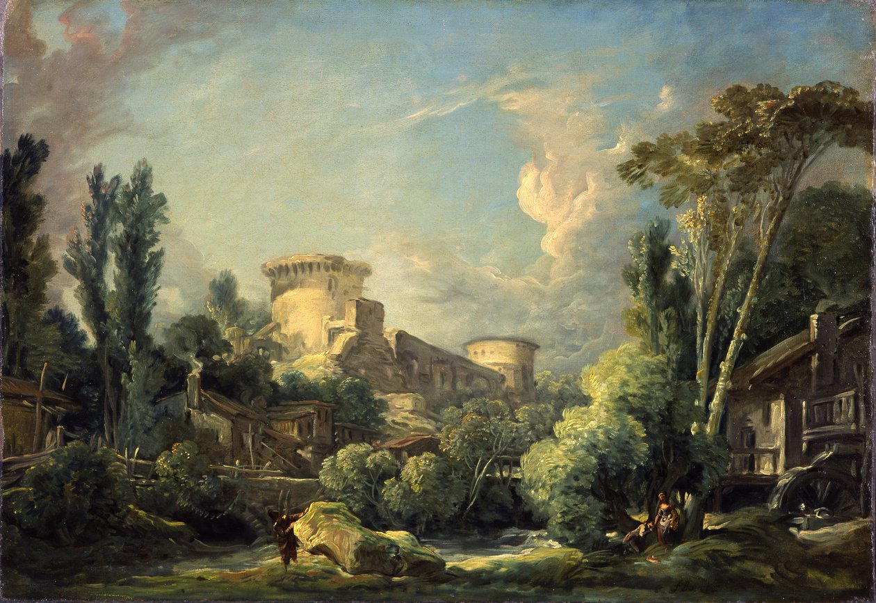 Landskap med slott och kvarn, c.1765 av François Boucher