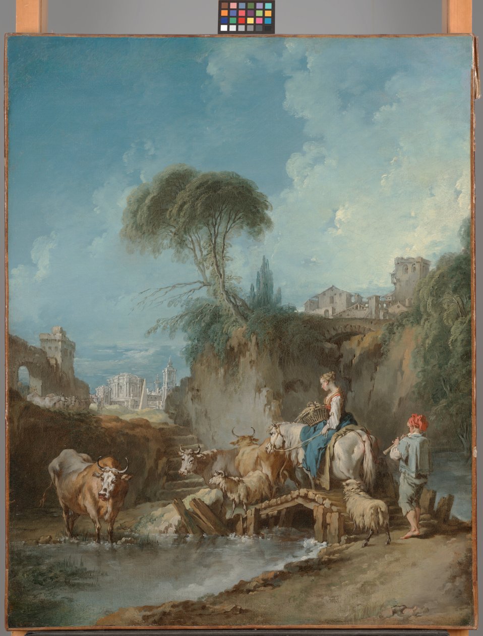 Landskap med avlägsna byggnader och en herdskvinna av François Boucher