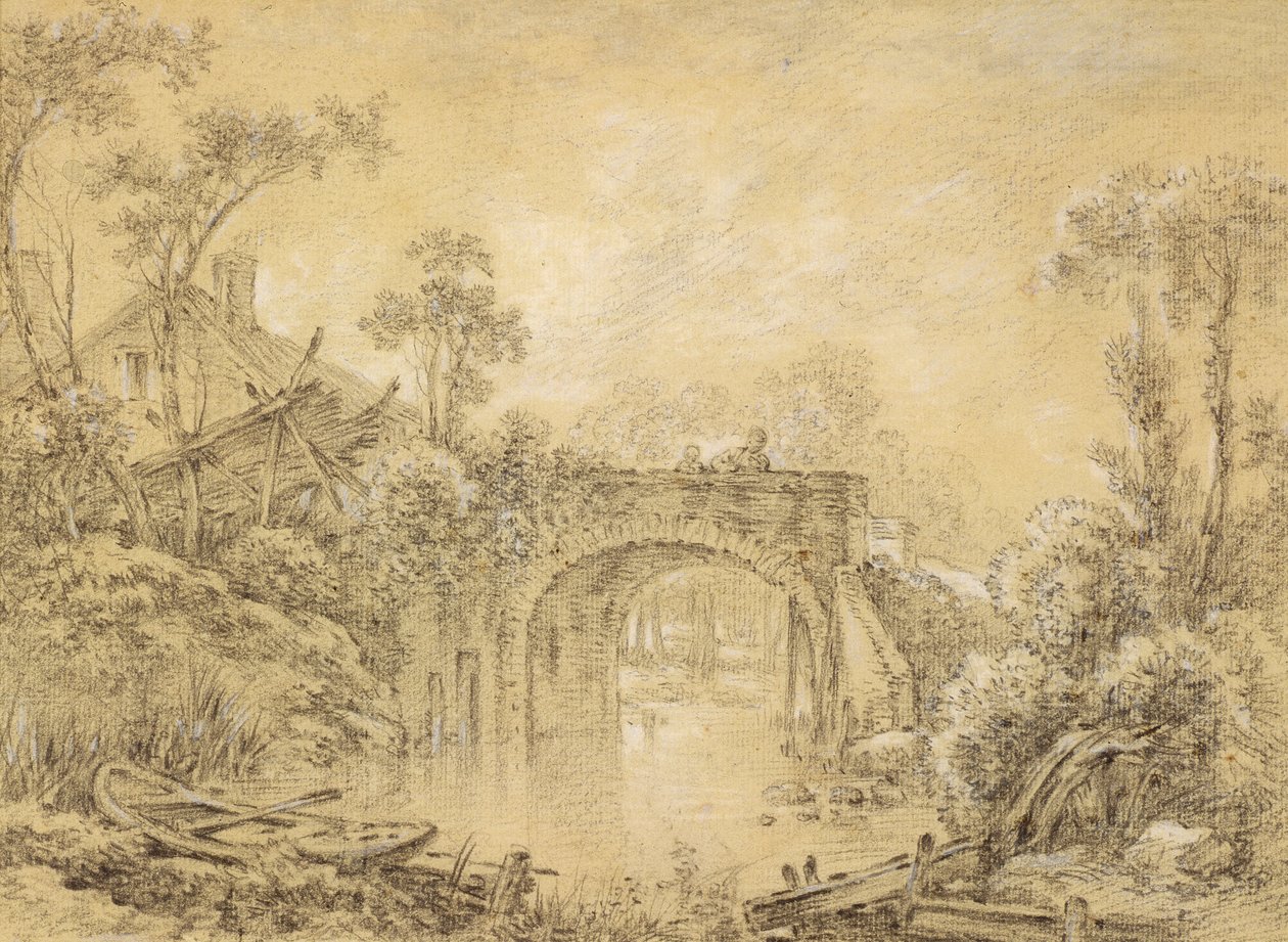 Landskap med en rustik bro, ca 1740 (svart krita förhöjd med vitt på krämigt papper) av François Boucher