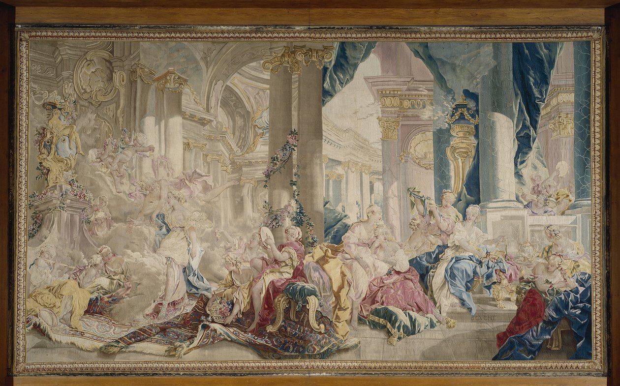 Manufacture de Beauvais - Psyke ledd av Zephyr in i Kärlekens palats och Psyke som visar sin rikedom för sina systrar, efter 1741 av François Boucher