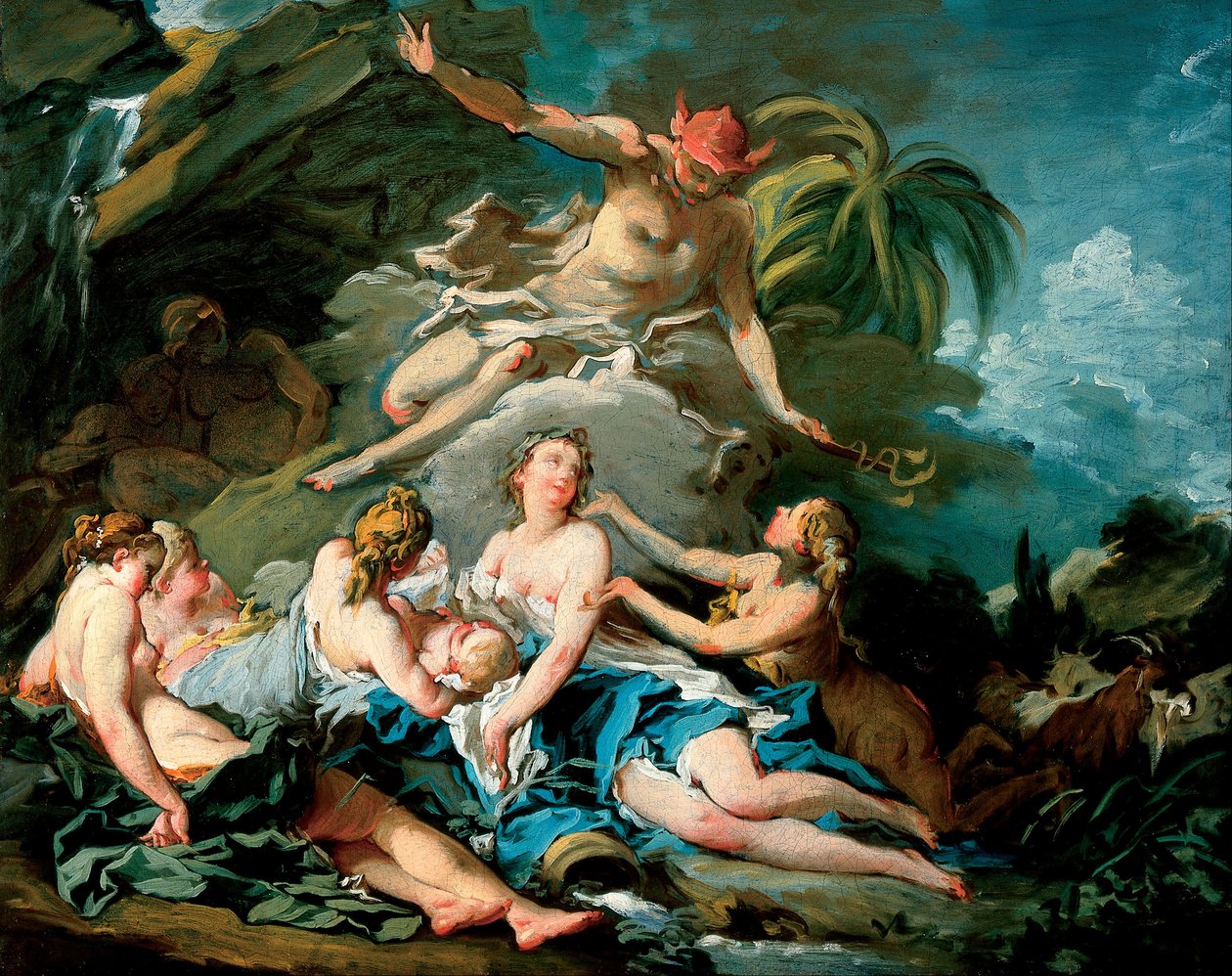 Merkurius anförtror spädbarnet Bacchus till nymferna i Nysa av François Boucher