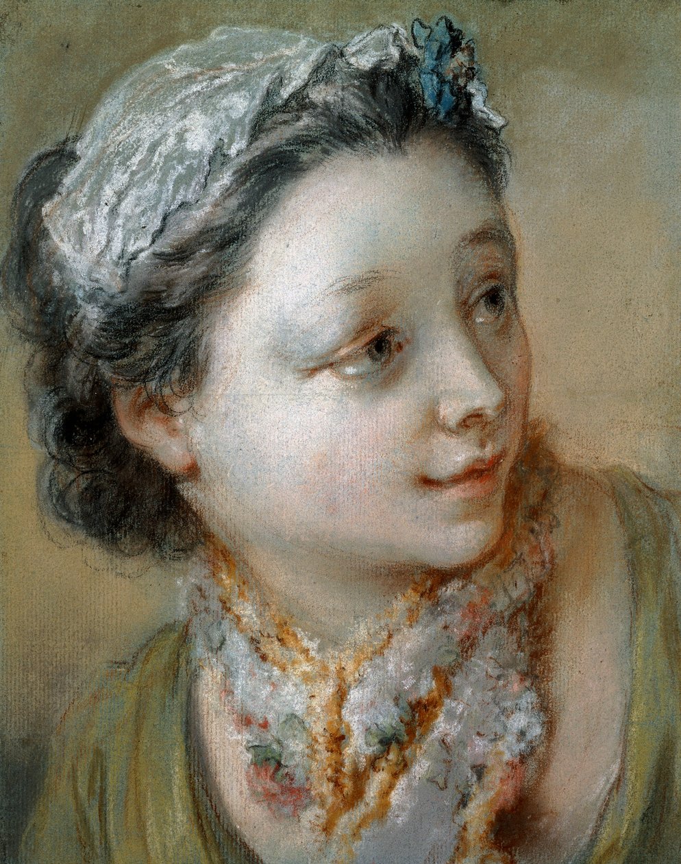 Porträtt av en ung flicka, bystlängd, hennes huvud vänt åt höger, av François Boucher