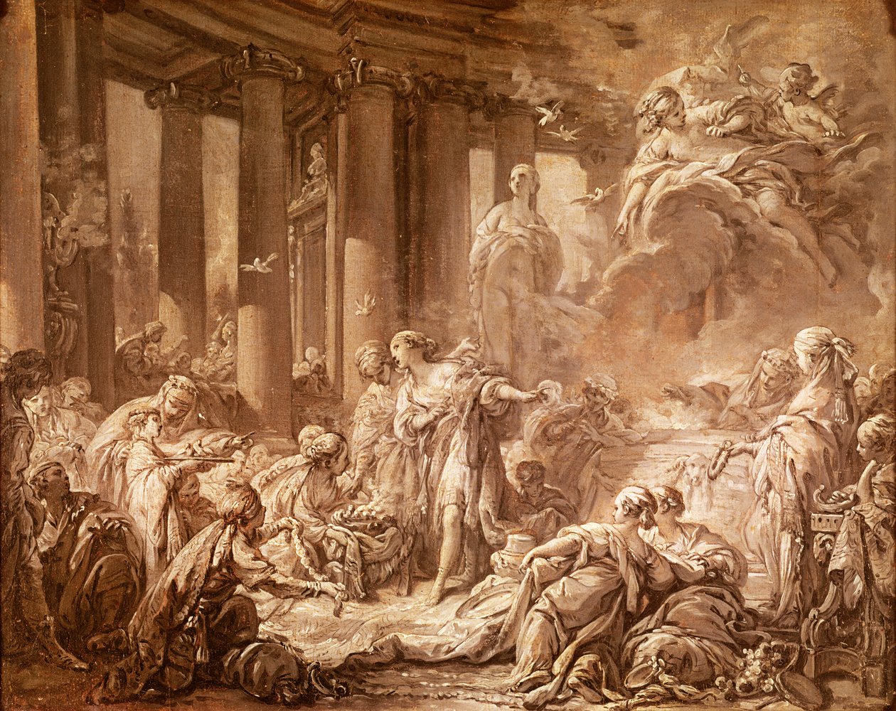 Psyche Receiving the Divine Honors (förberedande studie), c.1740 (oljemålning på papper monterad på duk) av François Boucher