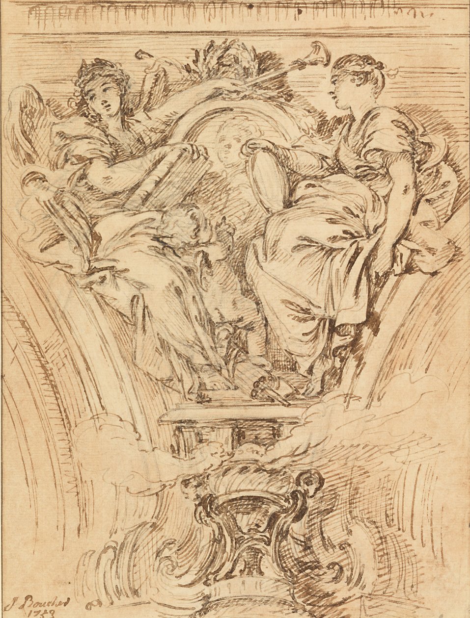 Spandreldekoration:  Berömmelse och sanning applåderar Ludvig XV av François Boucher