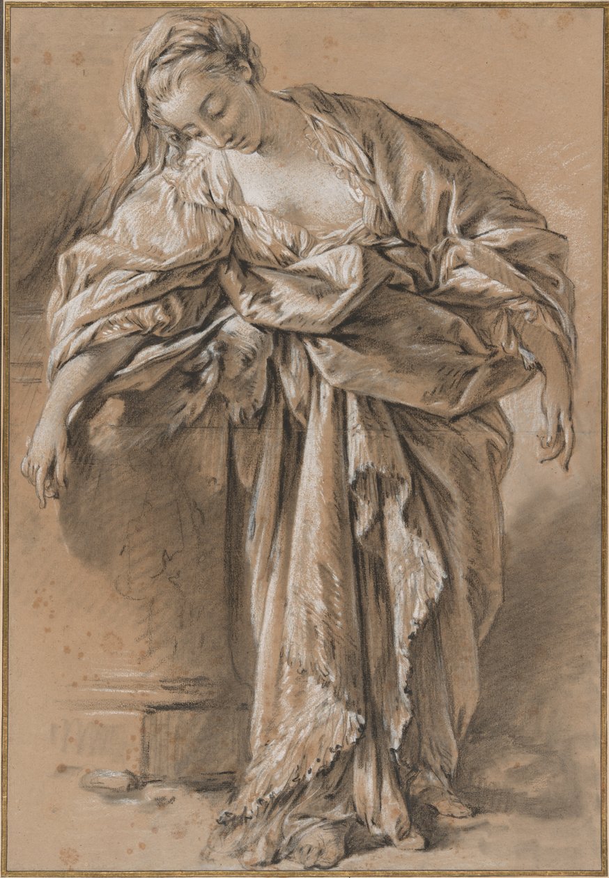 Studie av en draperad kvinna lutad på en piedestal av François Boucher