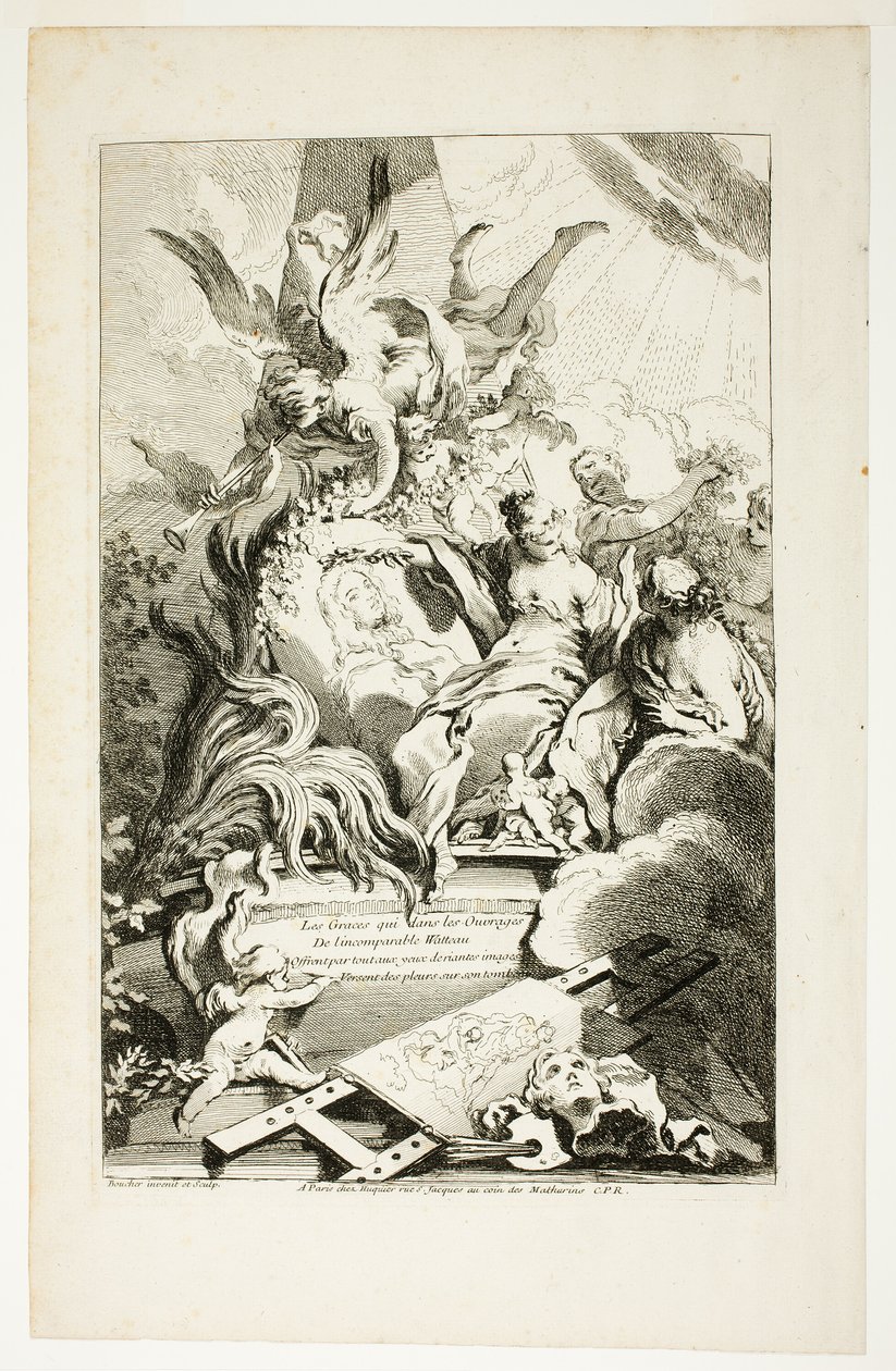 Gracerna på Watteaus grav av François Boucher