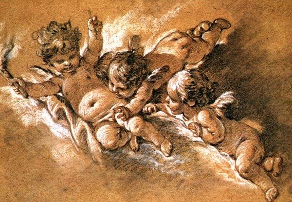 Tre putti i moln (krita) av François Boucher