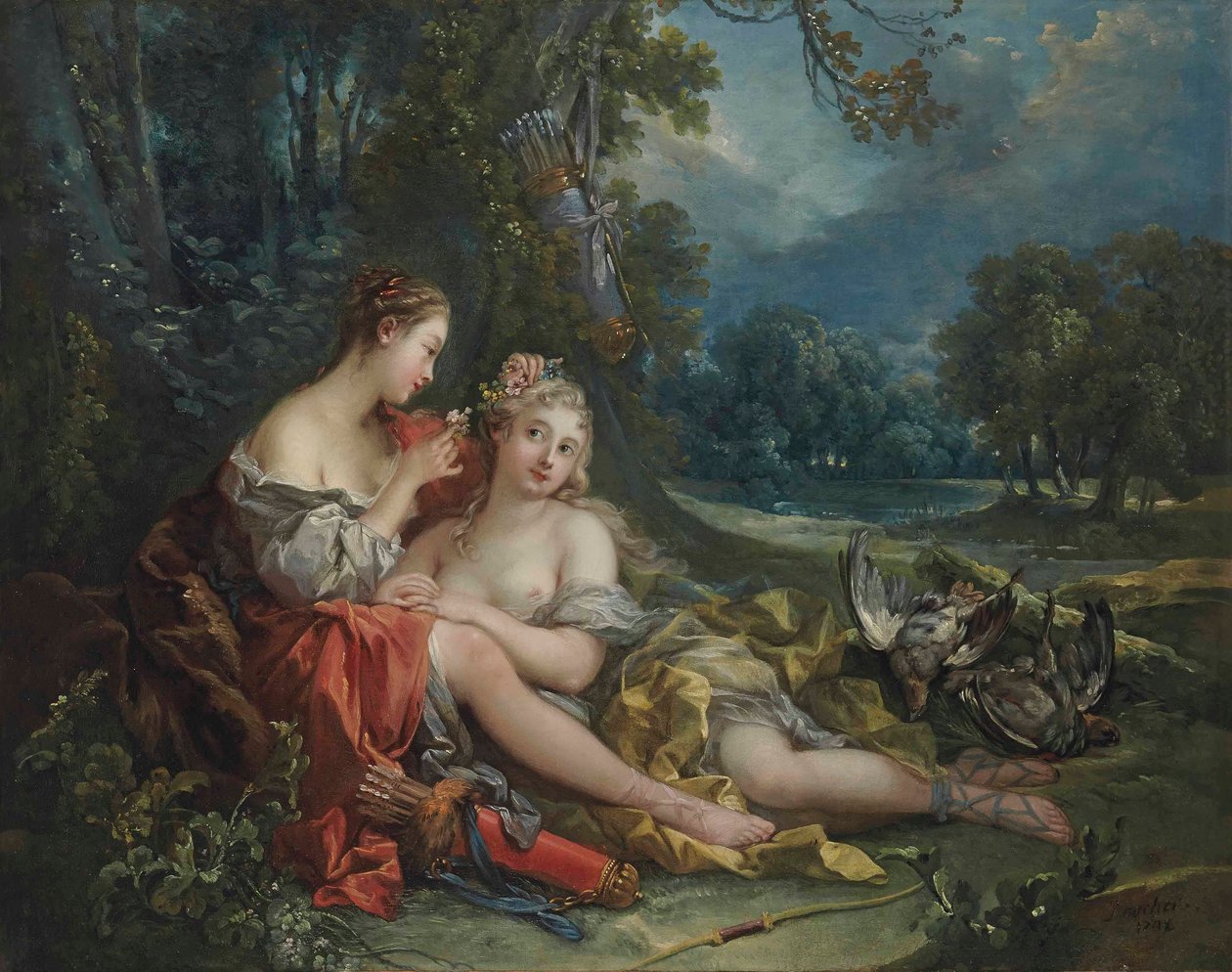 Två nymfer av Diana vilar efter att de återvänt från jakten av François Boucher