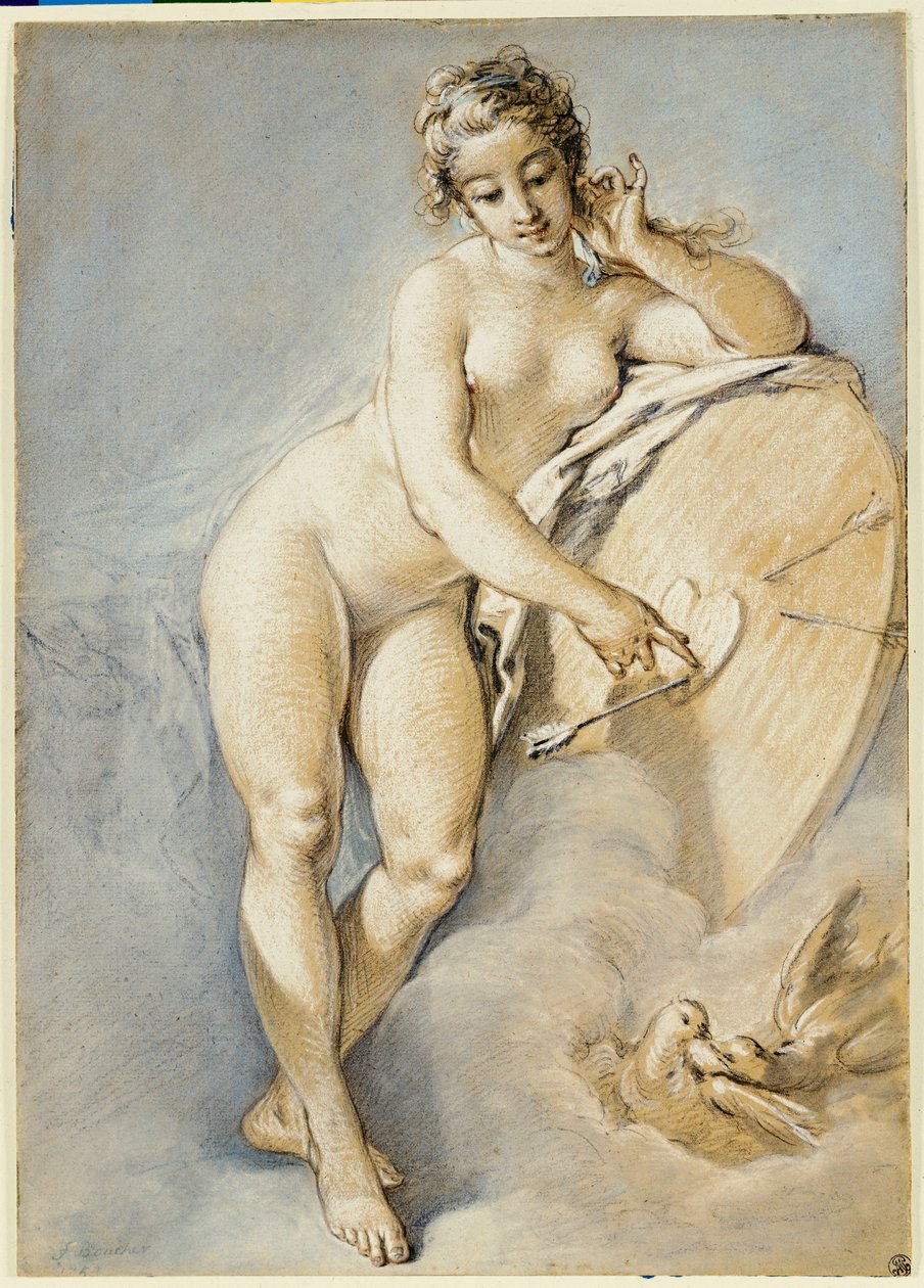 Venus står och gör en gest mot ett hjärta på ett mål med två duvor, 1754 av François Boucher