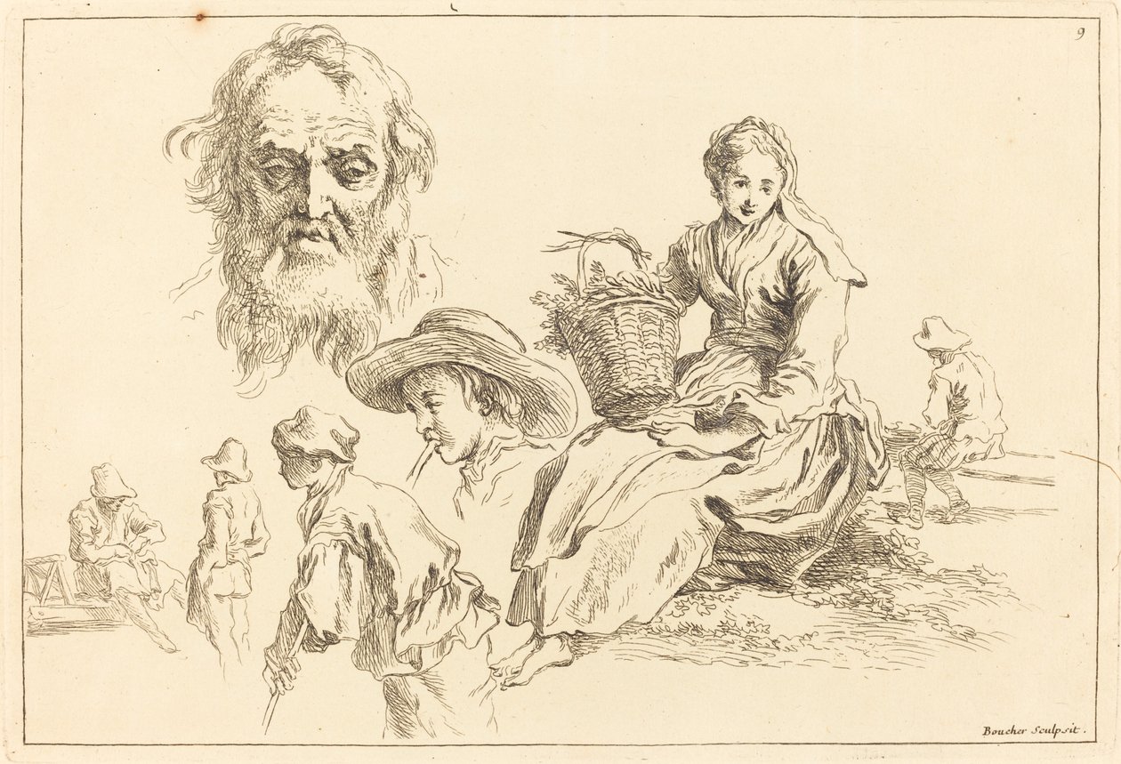 Figurstudier inklusive Bearded Face of an Old Man av François Boucher after Abraham Bloemaert