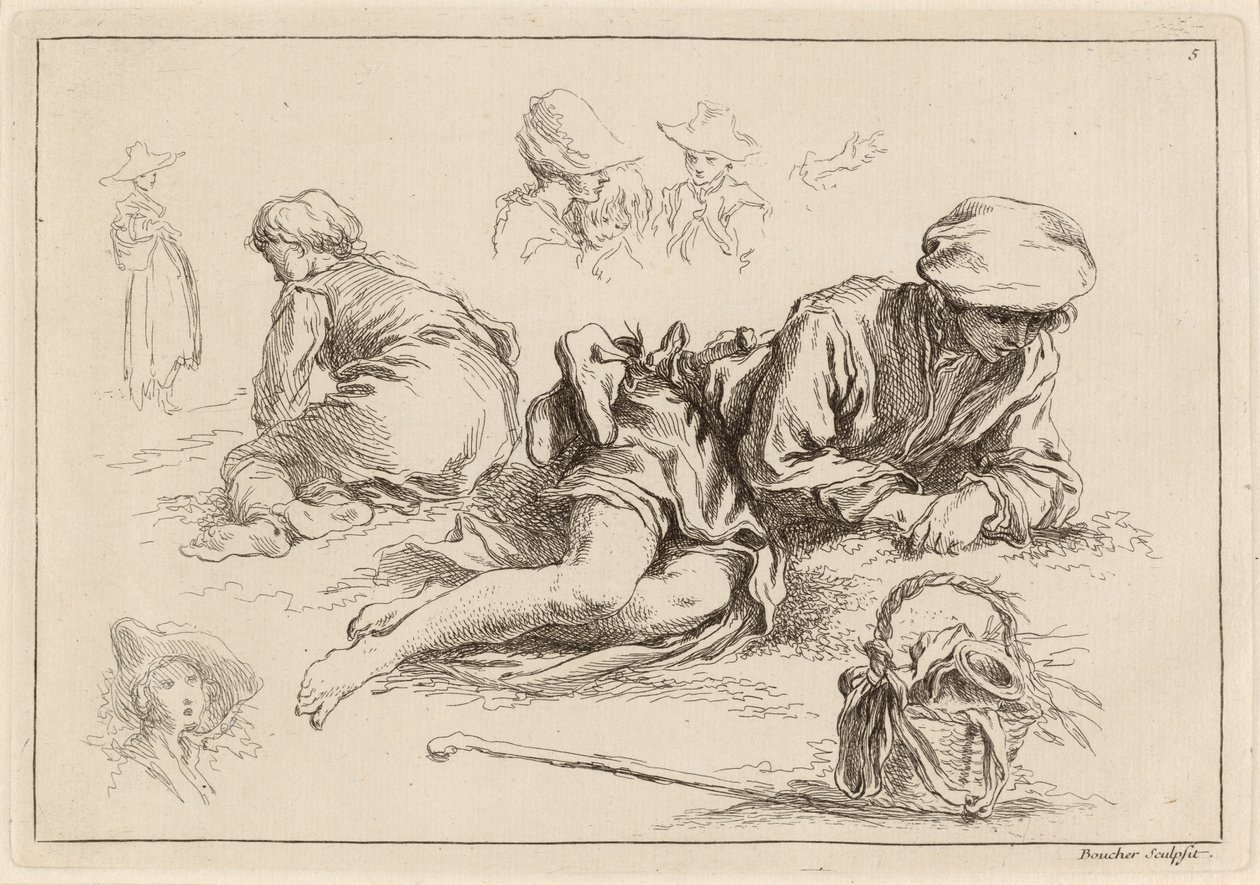 Figurstudier inklusive Reclining Boy av François Boucher after Abraham Bloemaert