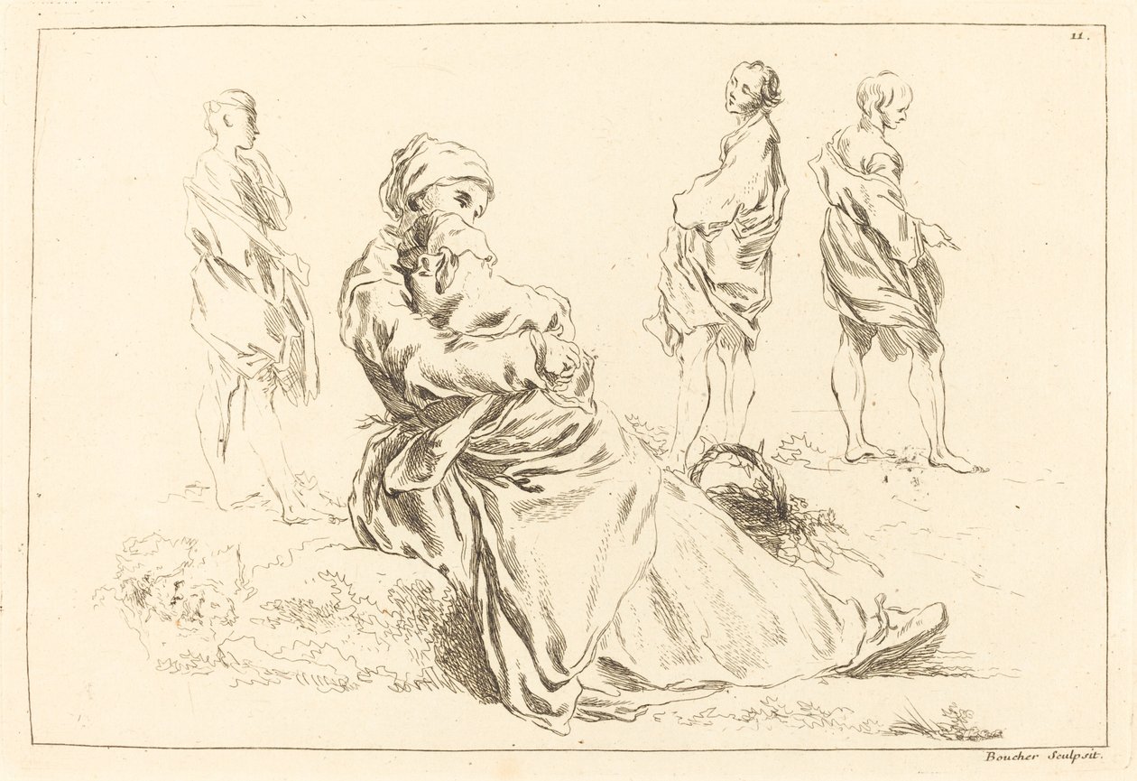 Figurstudier inklusive sittande mor och barn av François Boucher after Abraham Bloemaert