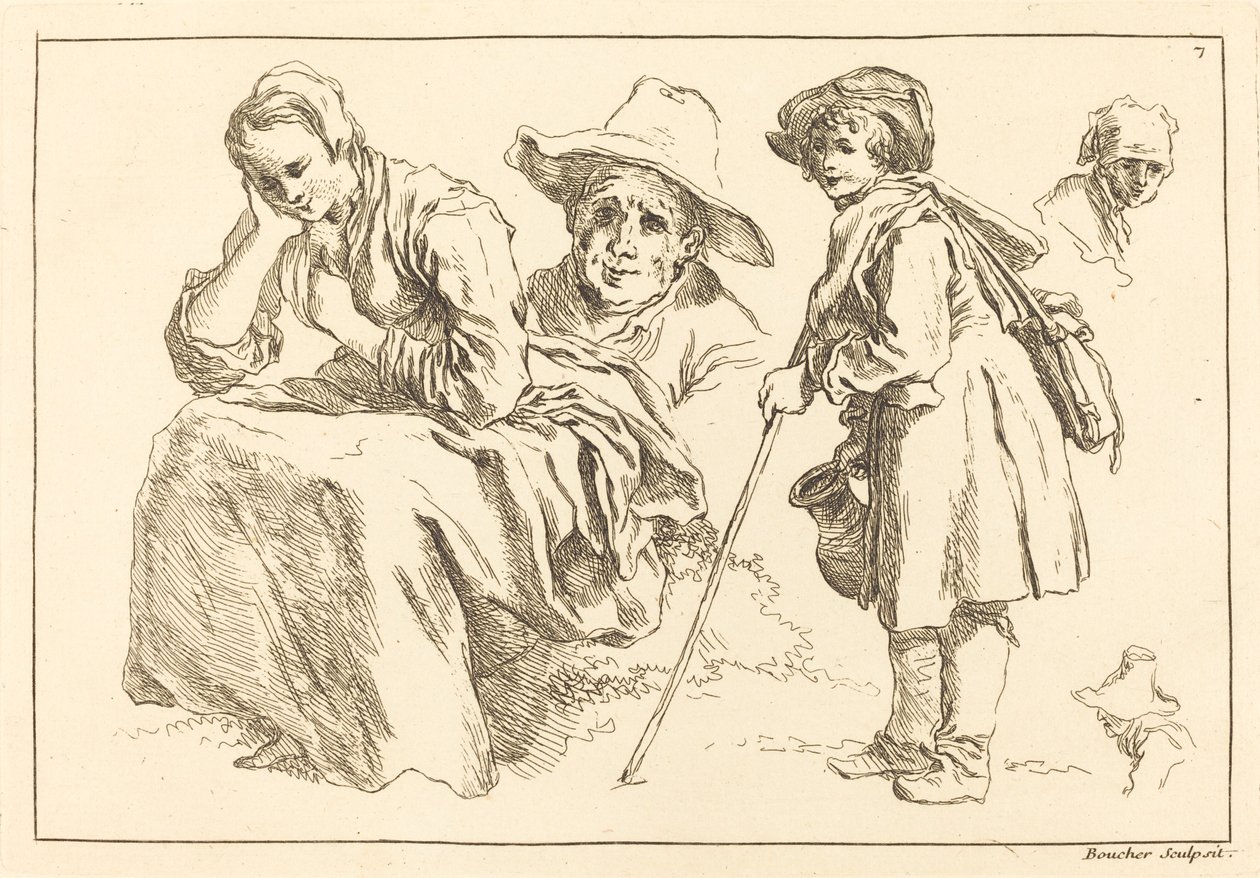 Figurstudier inklusive stående pojke som håller en kanna av François Boucher after Abraham Bloemaert