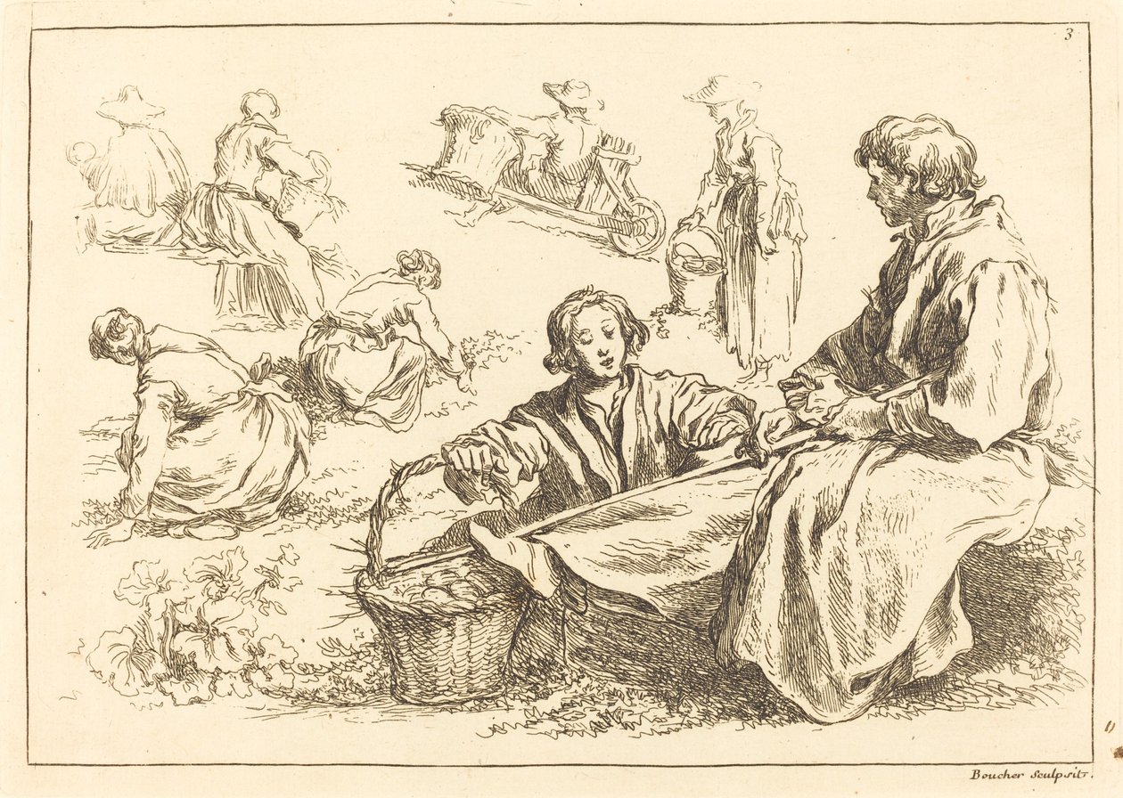 Figurstudier inklusive tvåsittande bönder av François Boucher after Abraham Bloemaert
