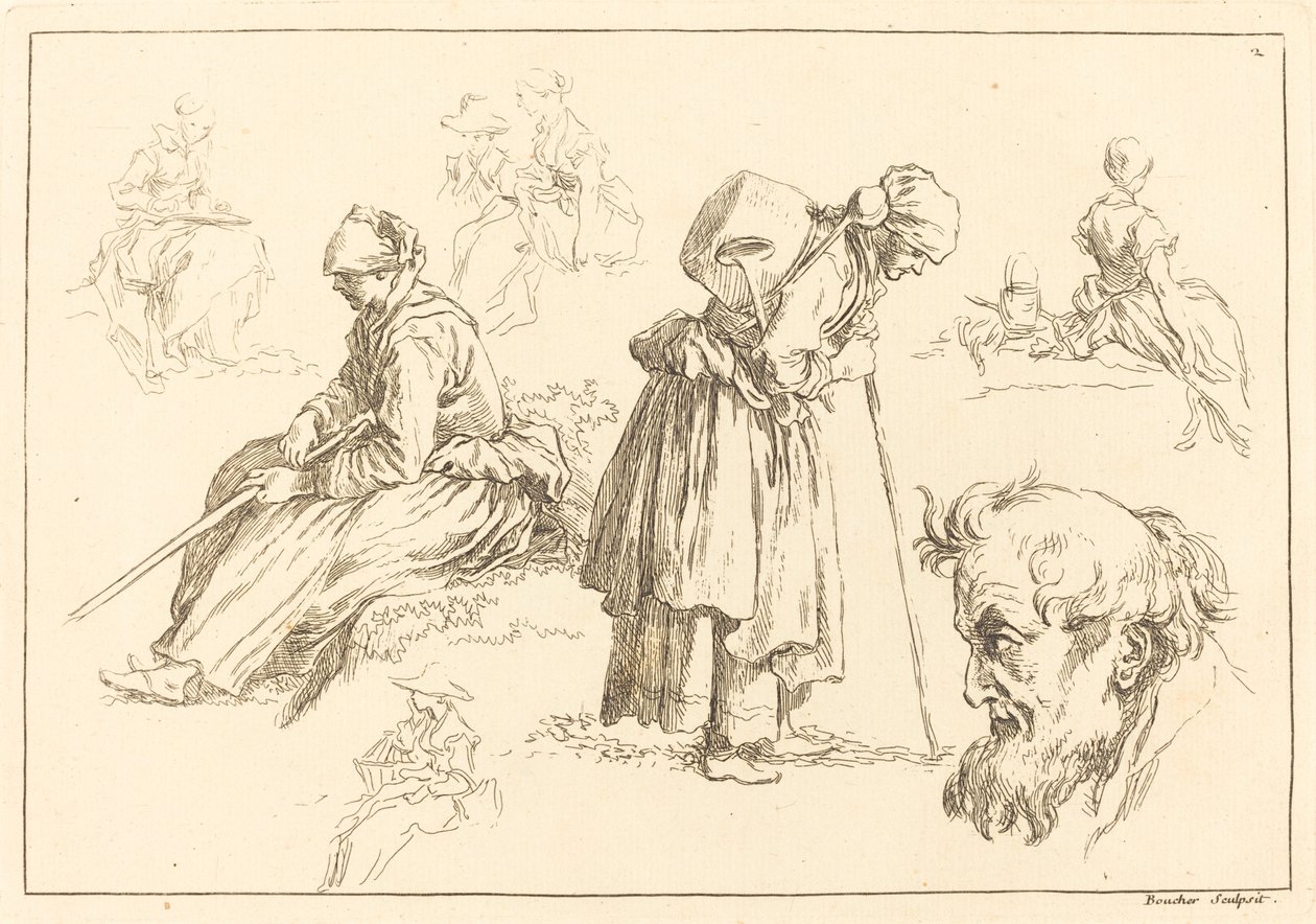 Figurstudier inklusive kvinna med vattenkokare av François Boucher after Abraham Bloemaert