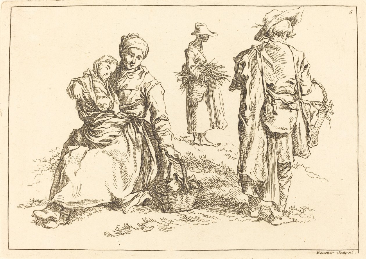 Sittande mor och barn, två stående bönder av François Boucher after Abraham Bloemaert