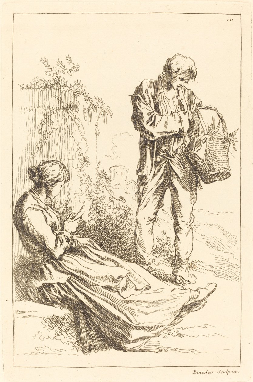 Sittande kvinna med bondpojke som håller en korg av François Boucher after Abraham Bloemaert