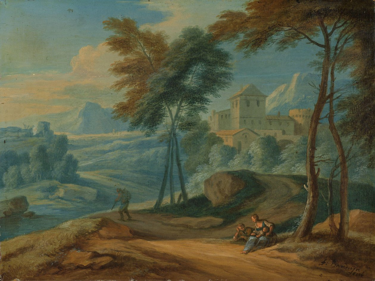 Skogbevuxet italienskt landskap med figurer av François Boudewyns