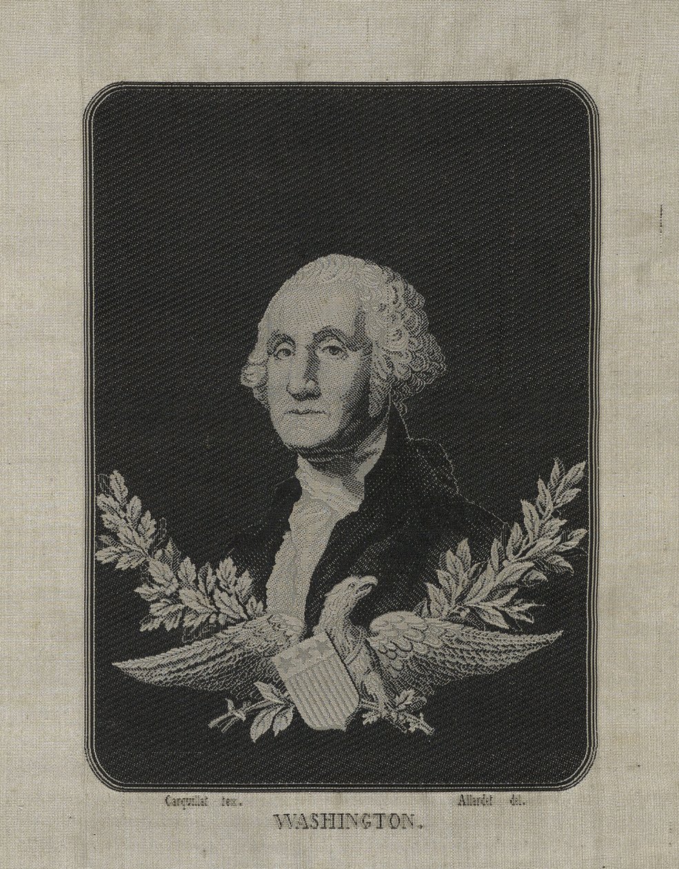 George Washington, ca 1876 (jacquardvävväv-vävt siden på pappersmatta med dekoration av kopparlegering) av François Carquillat