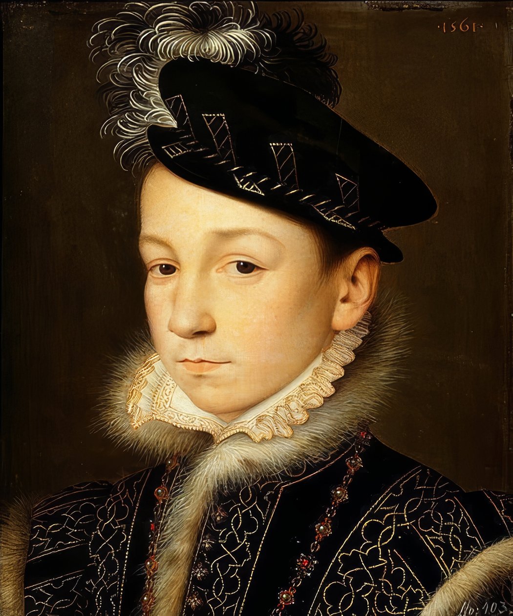 Kung Karl IX av Frankrike (1550-1574), halvlångt porträtt. 1561 av François Clouet