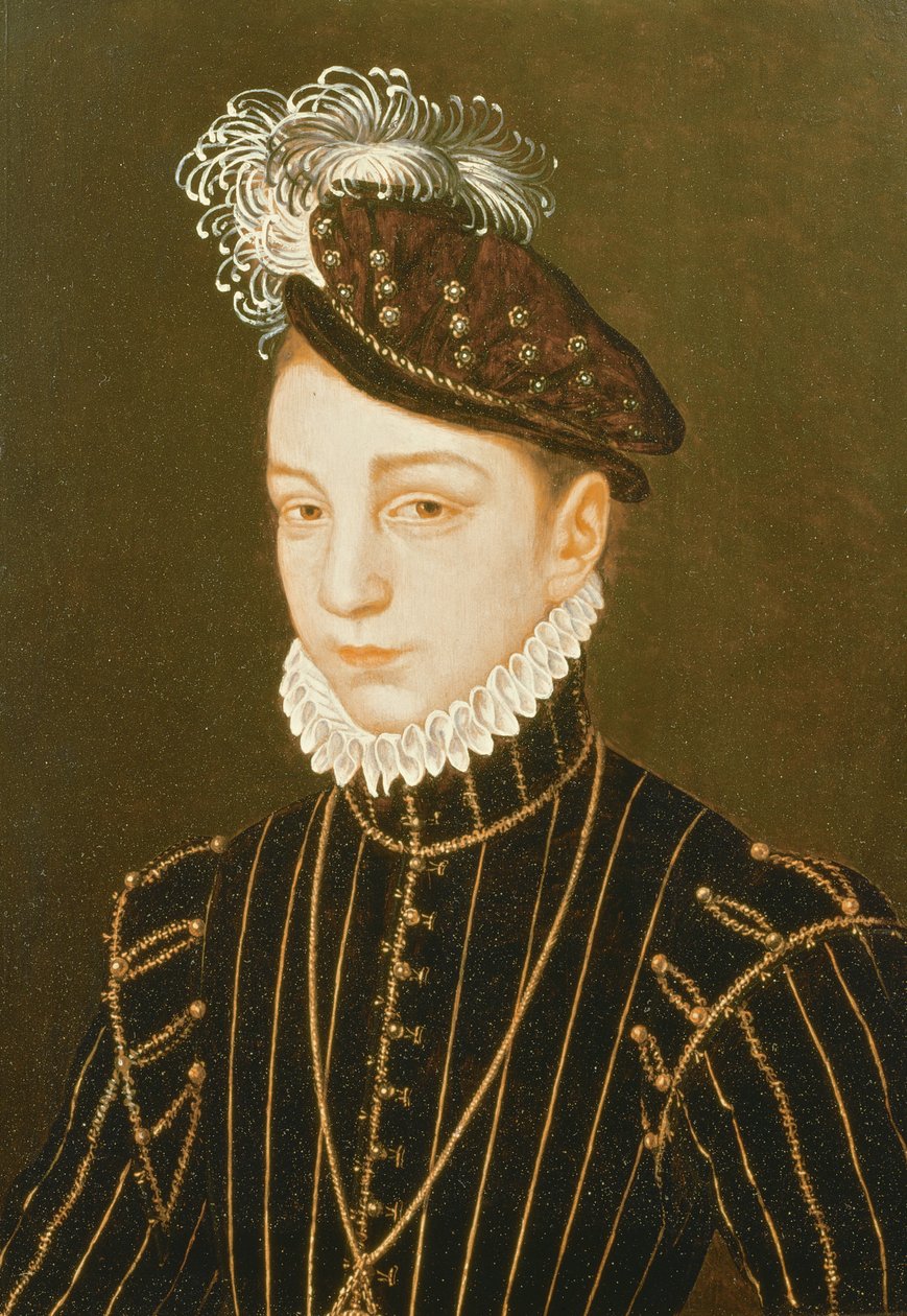 Porträtt av Karl IX (panel) (relaterat till teckning i Eremitaget, St. Petersburg) av François Clouet