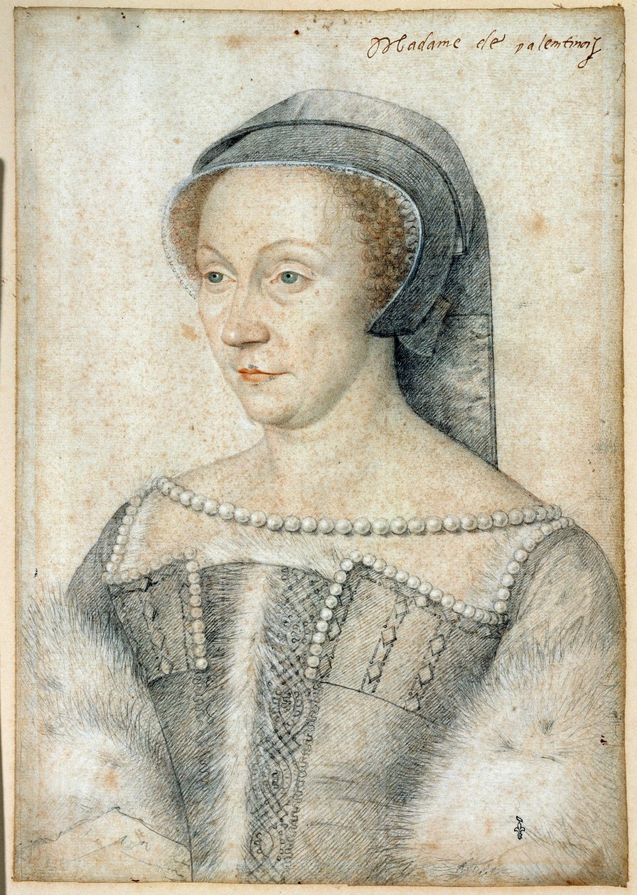 Porträtt av Diane de Poitiers, hertiginna av Valentinois (1499 - 1566). Teckning med svart sten och blod av Francois Clouet (1515-1572) av François Clouet