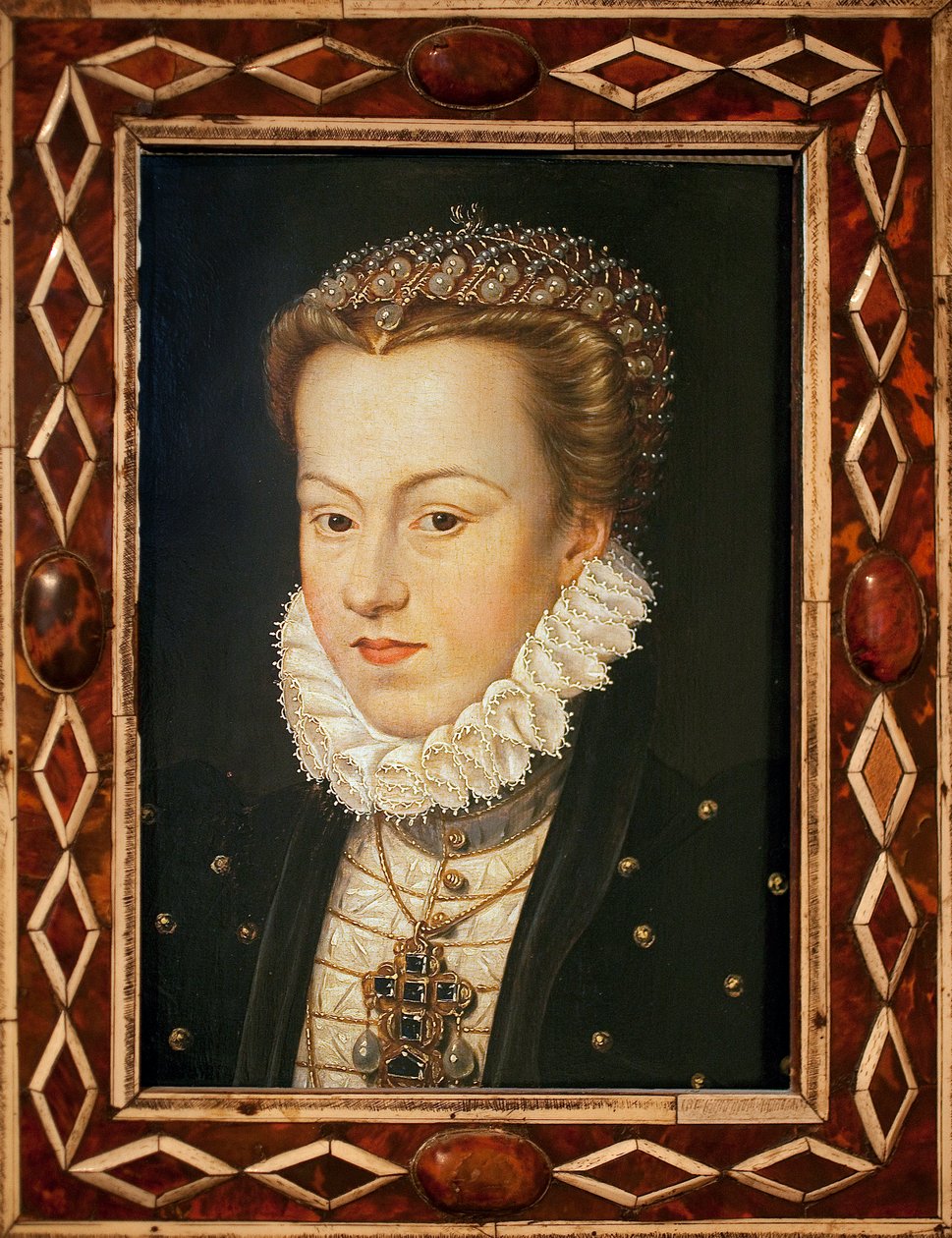 Porträtt av Elisabeth av Österrike (1554-1592, Frankrikes drottning) - Målning av Francois Clouet (cirka 1505-1572), fransk konst, sent 1500-tal - Musee des Beaux Arts d