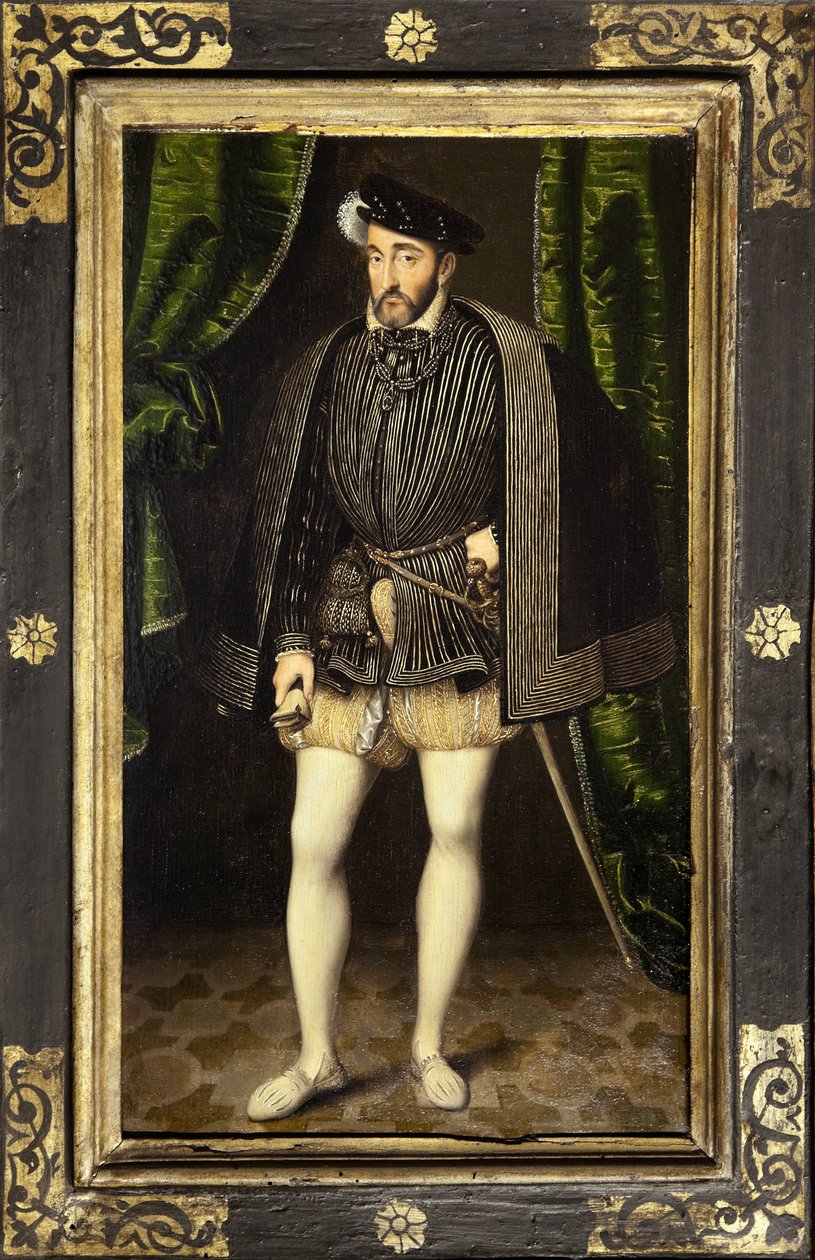Porträtt av Henrik II (1519-1559), son till Francois 1st och Claude de France, kung av Frankrike från 1547 till 1559, målning av Francois Clouets verkstad, gjord omkring 1520-1572, förminskad version av porträttet i naturlig storlek av Francois Clouet. Fot av François Clouet