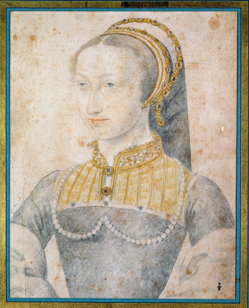 Porträtt av Jeanne av Albret, drottning av Navarra (1528 - 1572), mor till Henrik IV. Teckning med svart sten och blod av Francois Clouet (1515-1572) av François Clouet
