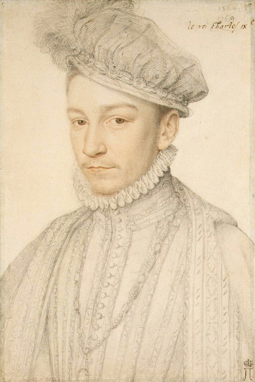 Porträtt av kung Karl IX av Frankrike (1550-1574) par Clouet, Francois (1510-1572). Svart krita och sanguine på papper, storlek: 33,5x22,5 av François Clouet