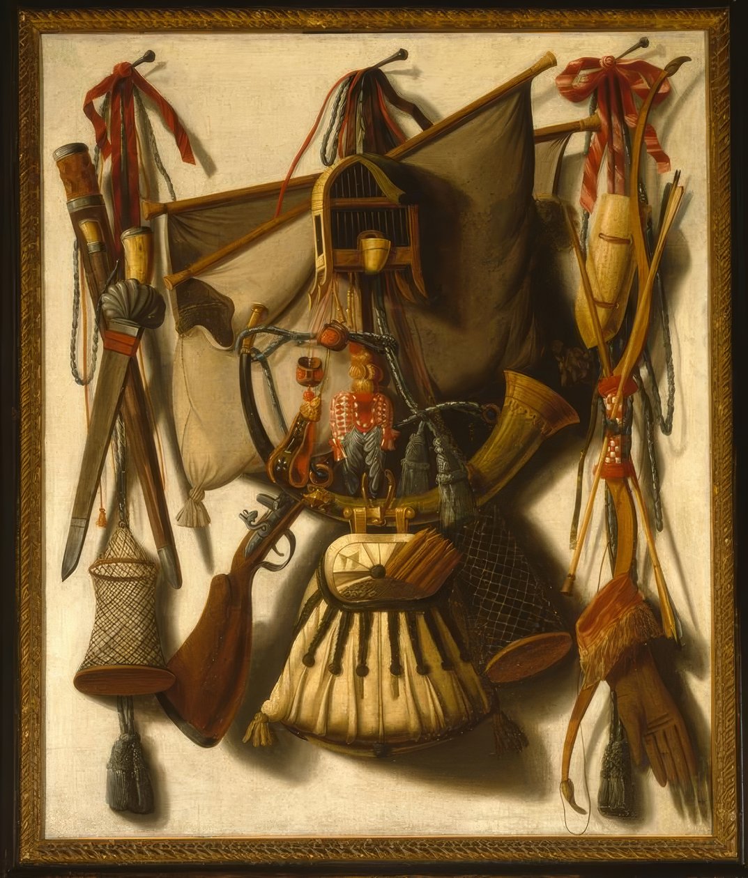 Trompe l’oeil stilleben med jaktutrustning av François Coppeyn