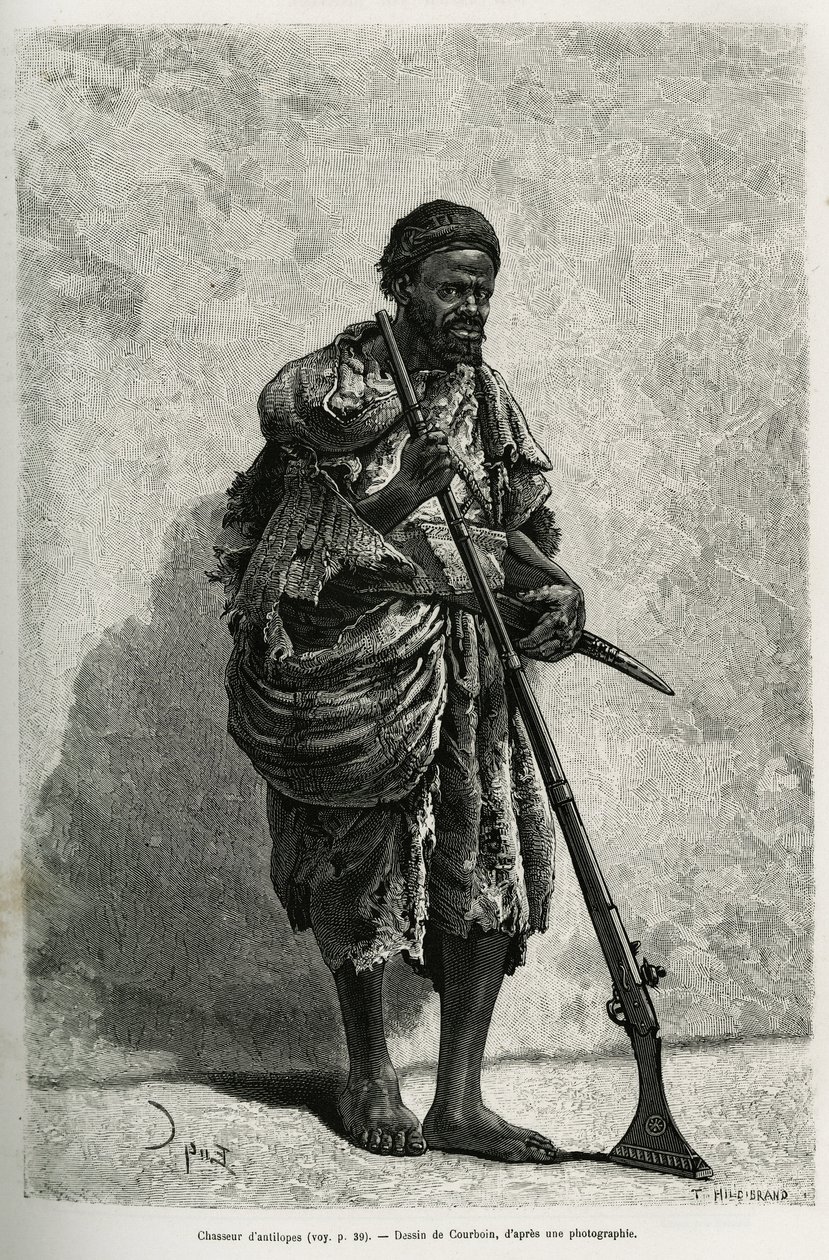 Antilopjägare. Gravyr av Courboin, för att illustrera det algeriska Sahara, av V.Largeau, 1874-1878, publicerad i Tour du monde, under ledning av Edouard Charton (1807-1890) av François Courboin