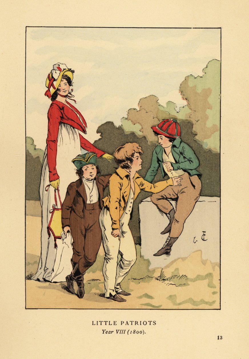 Pojkar i jackor och byxor med Merveilleuse i romersk dräkt med huva och spencerjacka. Små patrioter, år VIII av François Courboin