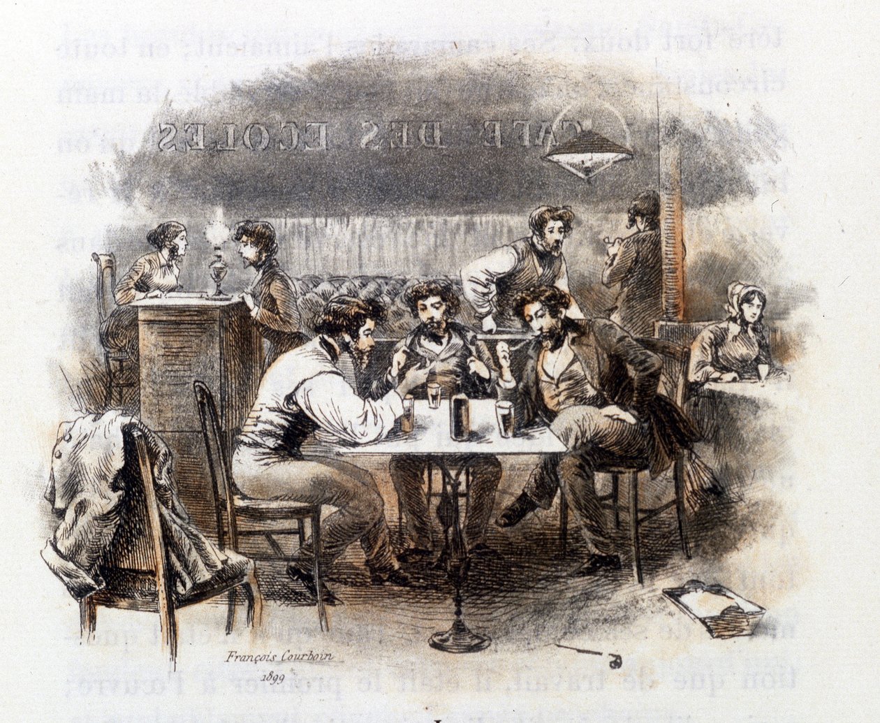 Diskussion mellan studenter på ett parisiskt café. Illustration av "" Profile of grisette""" ny tillhörande Receuil "" Mimi de Pinson"" av Alfred de Musset av François Courboin