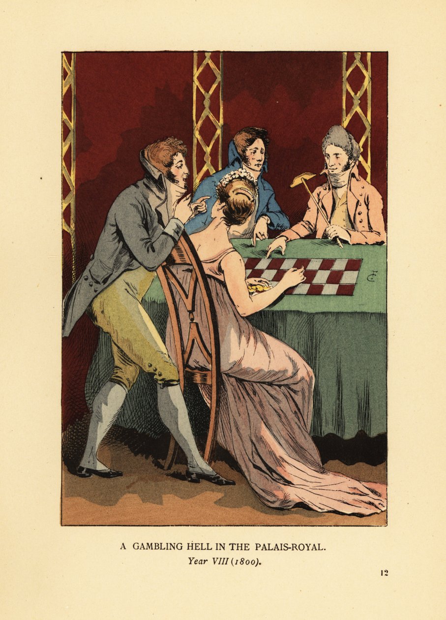 Fashionabla Incroyables i högkragade jackor vid ett spelbord med en ung kvinna och en croupier. Ett spelhelvete i Palais Royal, år VIII. av François Courboin
